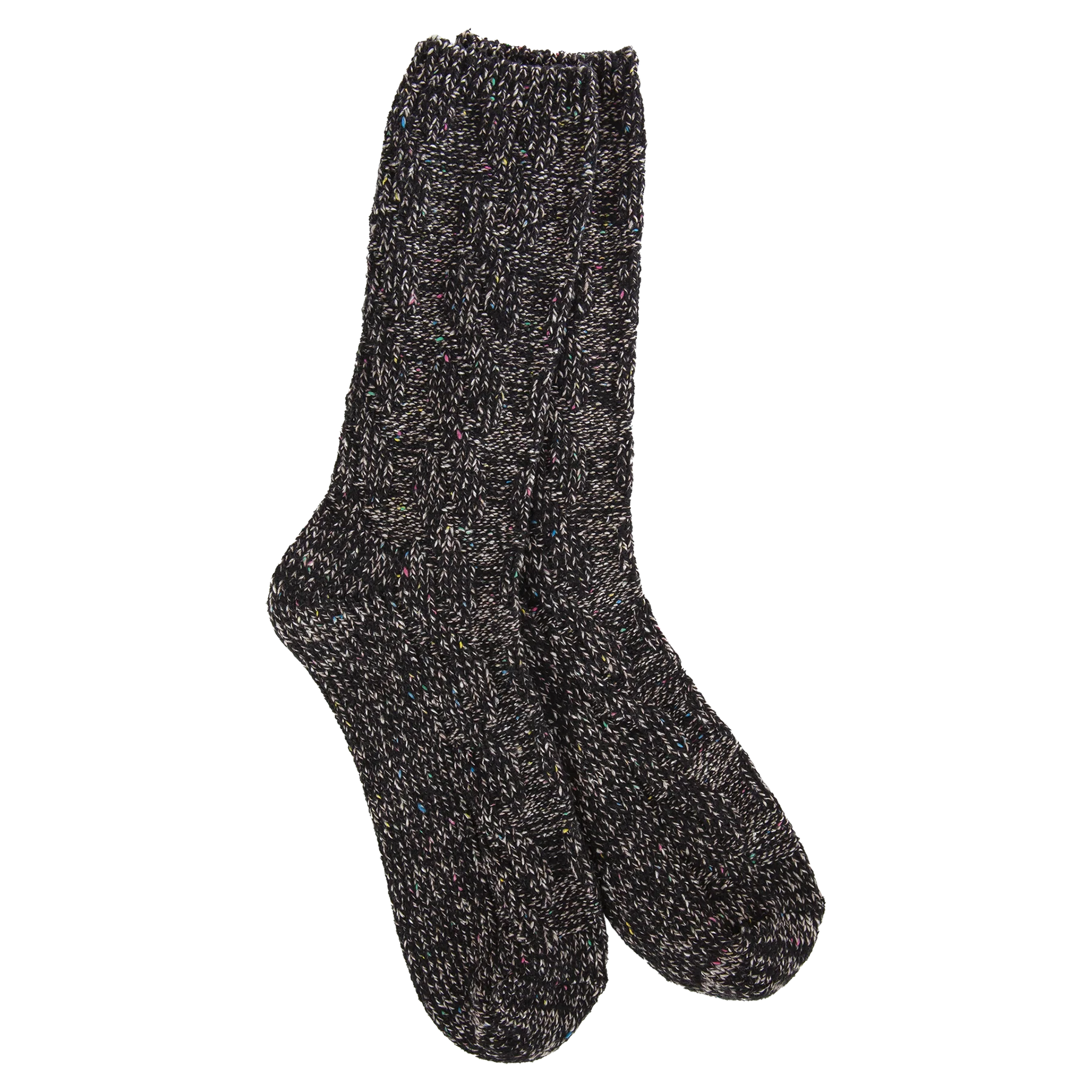 Pair of black and gray marled socks on a white background