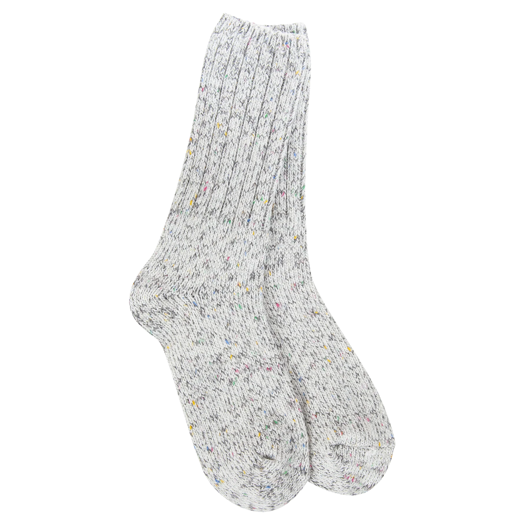 Pair of gray socks with speckles on a white background
