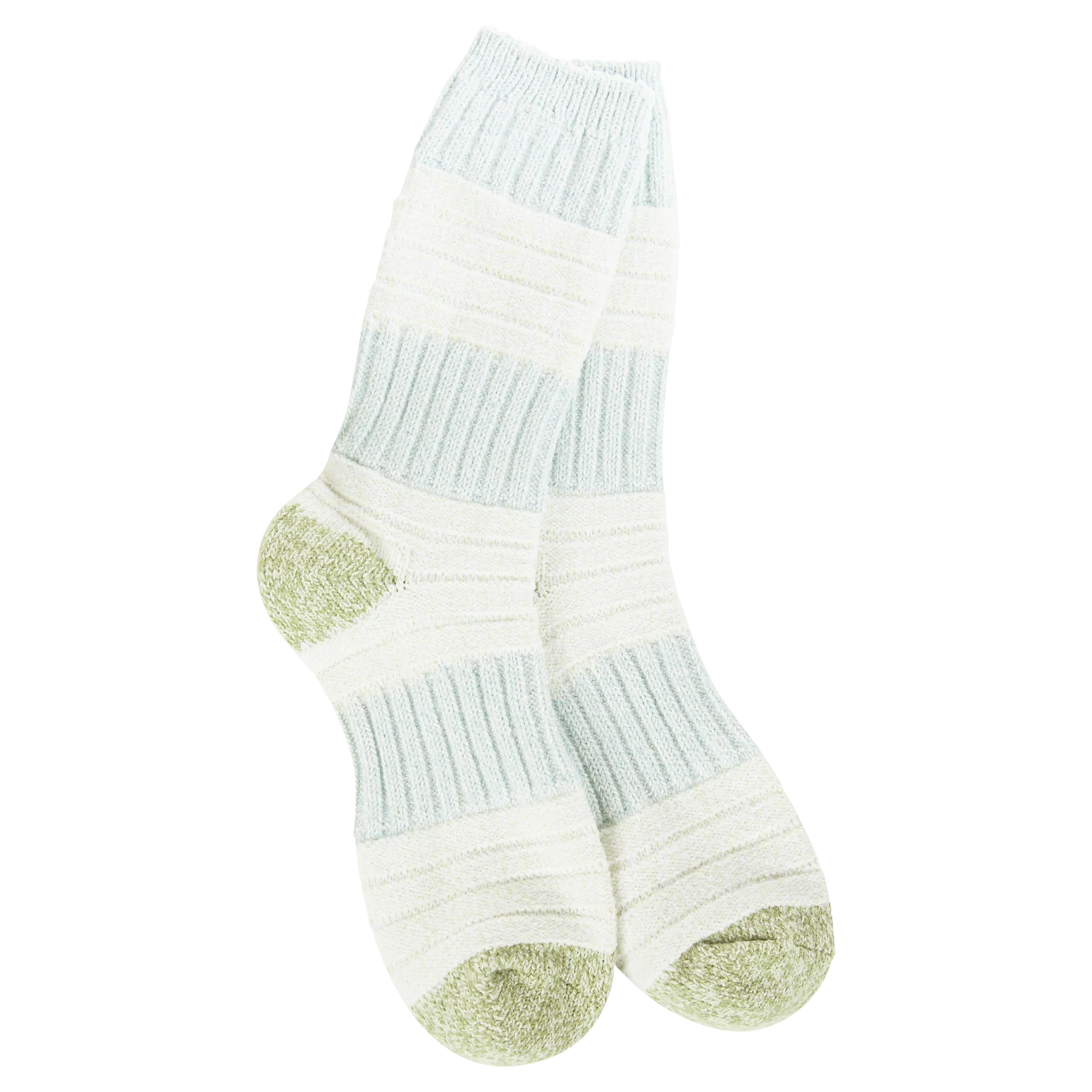 White sock with light blue and green accents on a white background