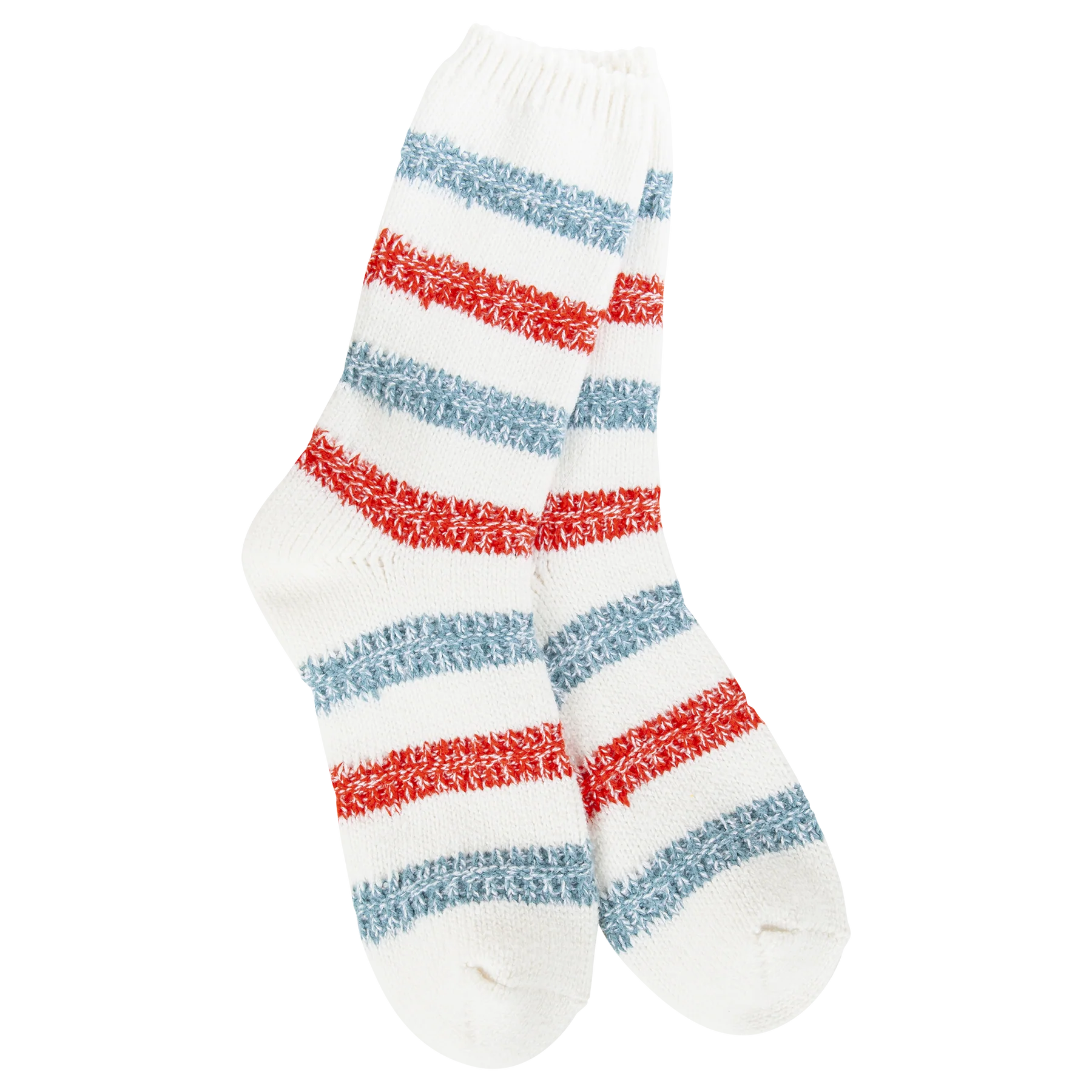 White sock with red and blue horizontal stripes on a white background