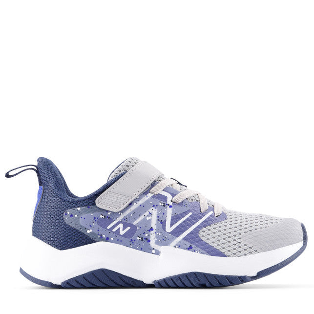 Navy and gray athletic shoe on a white background