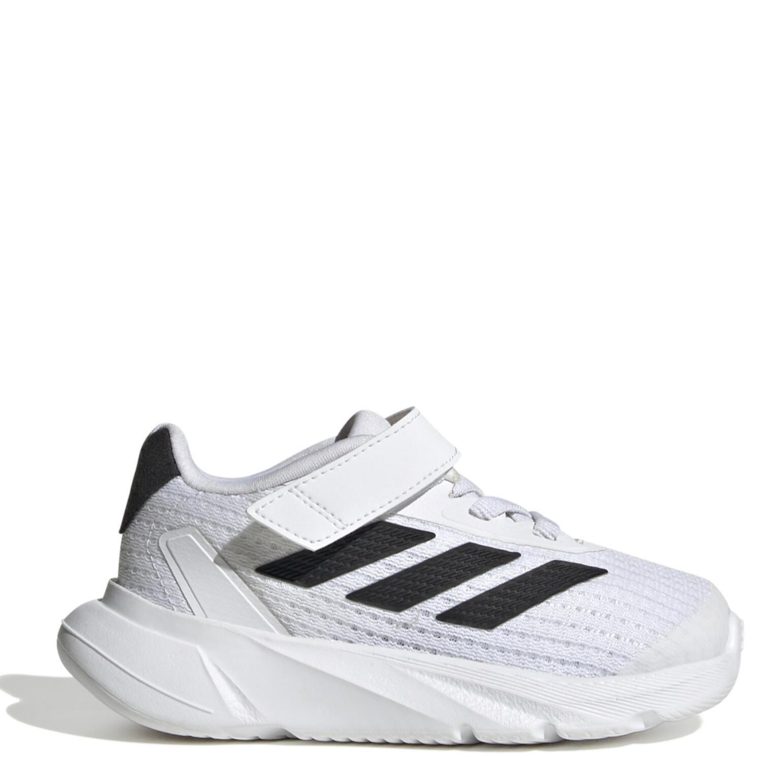 A pair of white adidas toddler shoes with black accents and a hook-and-loop strap.