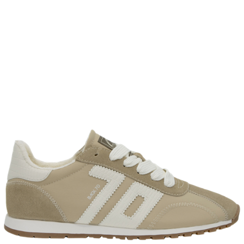 Beige sneaker with white accents on a white background
