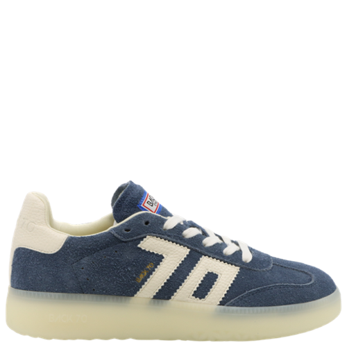 Blue and white sneaker with a visible brand logo on a white background