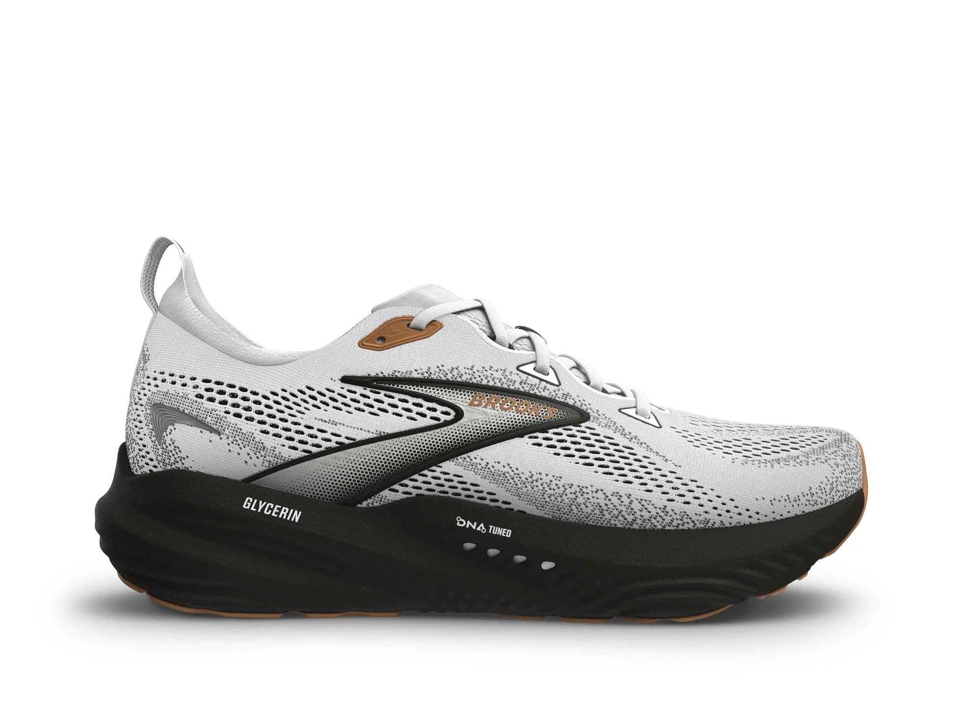 White running shoe with black sole on a white background