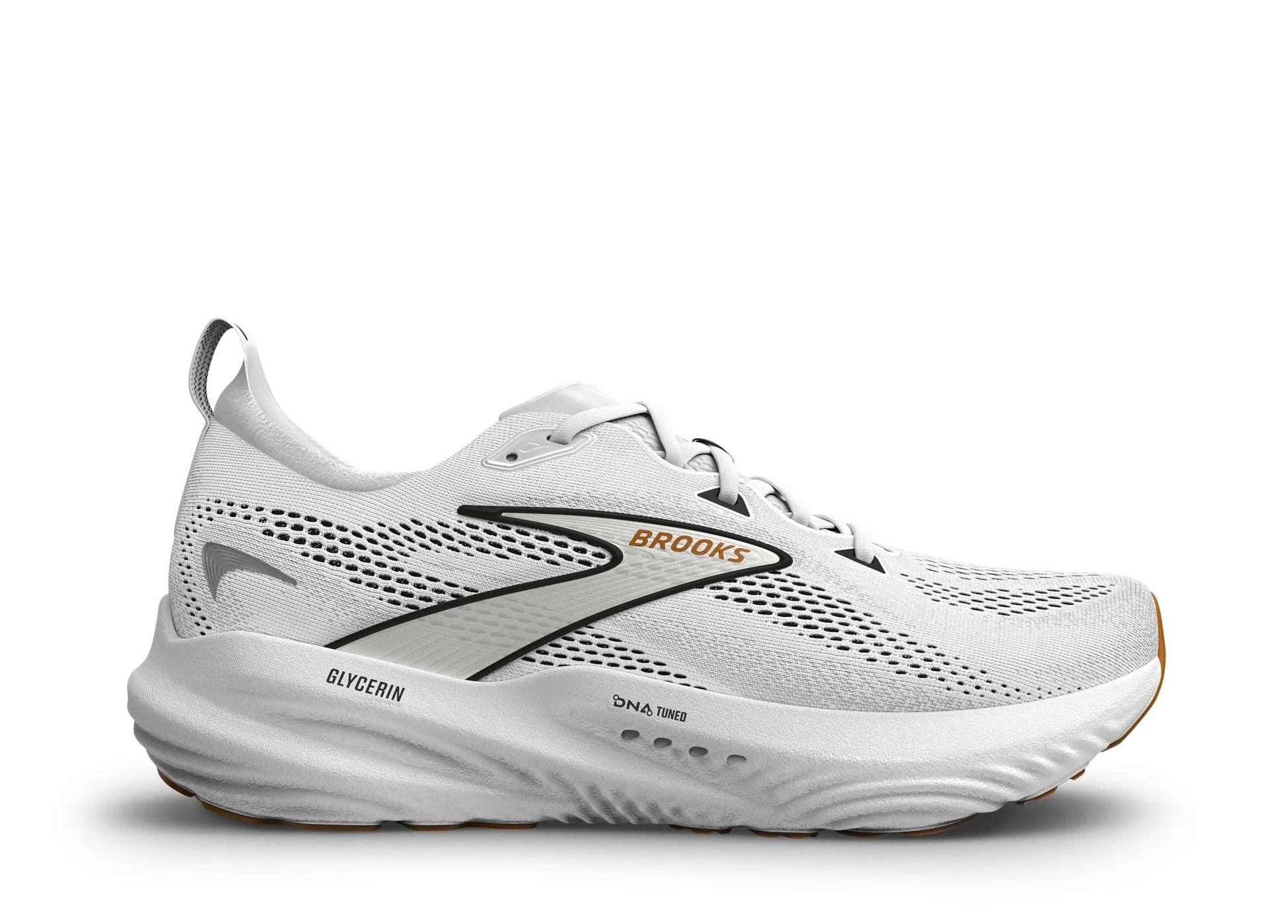 White running shoe with 'Brooks' branding on a white background