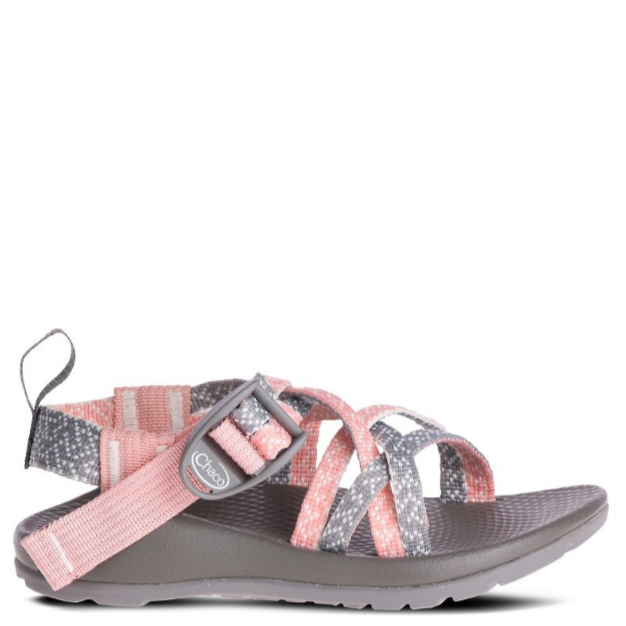 A pair of kids' sandals with pink and gray webbing and adjustable straps, featuring a contoured footbed and midsole.