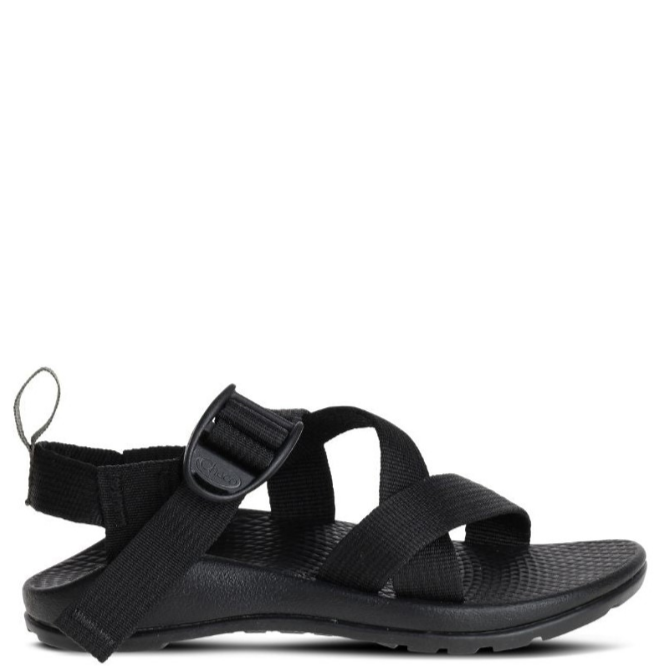 A pair of black kids' sandals with adjustable straps and a flat sole.