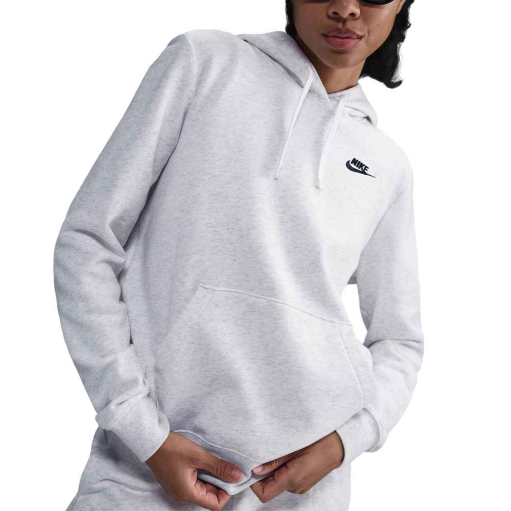 Person wearing a gray hoodie with a Nike logo on a white background
