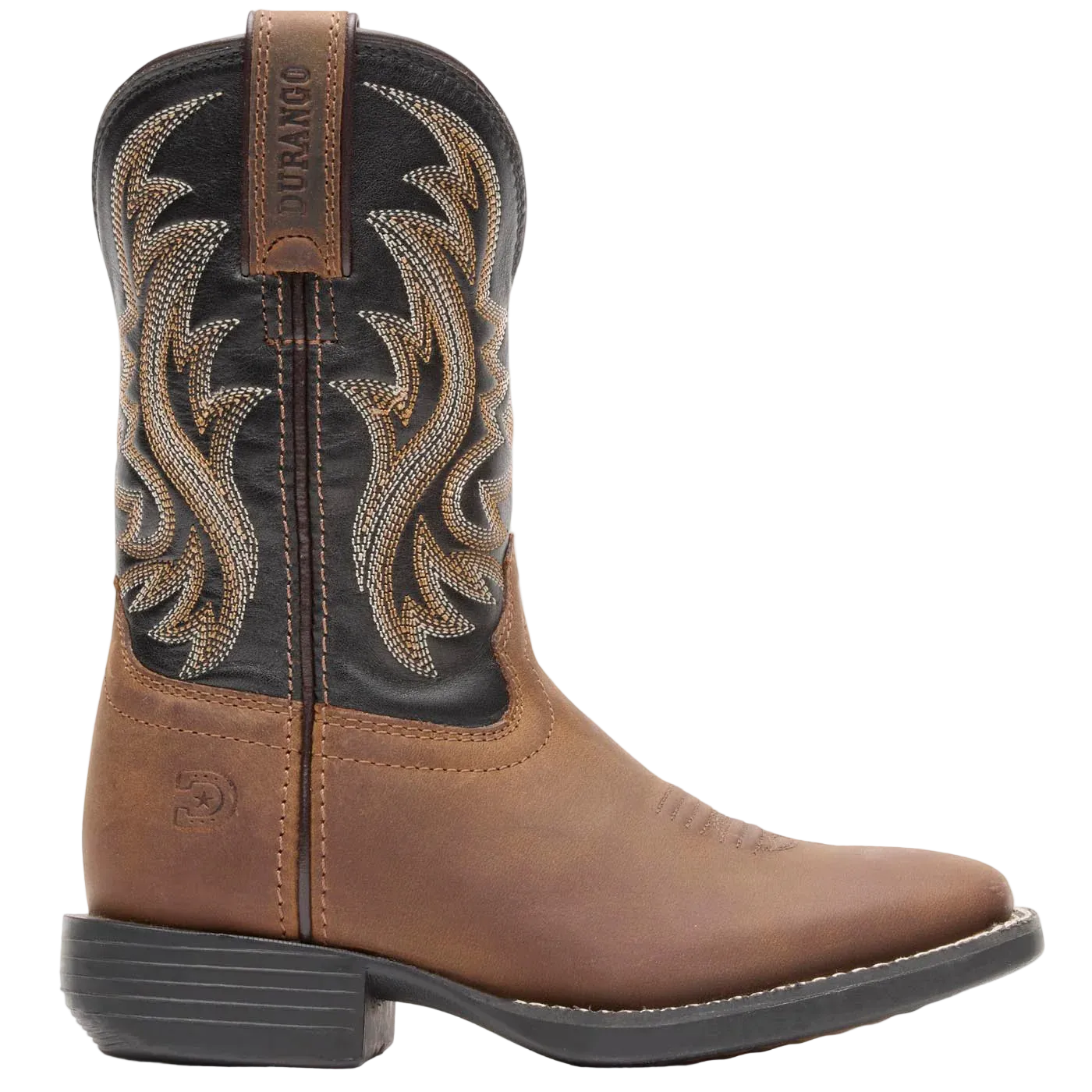 Brown and black cowboy boot with intricate stitching on a white background