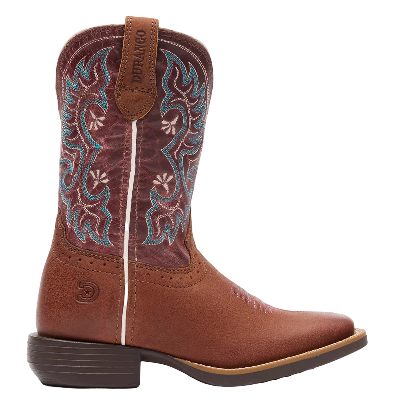 A single brown leather cowboy boot with turquoise and white embroidered floral detailing on the shaft, shown in profile against a light gray background. The pull tab is labeled 'DELANEO'.