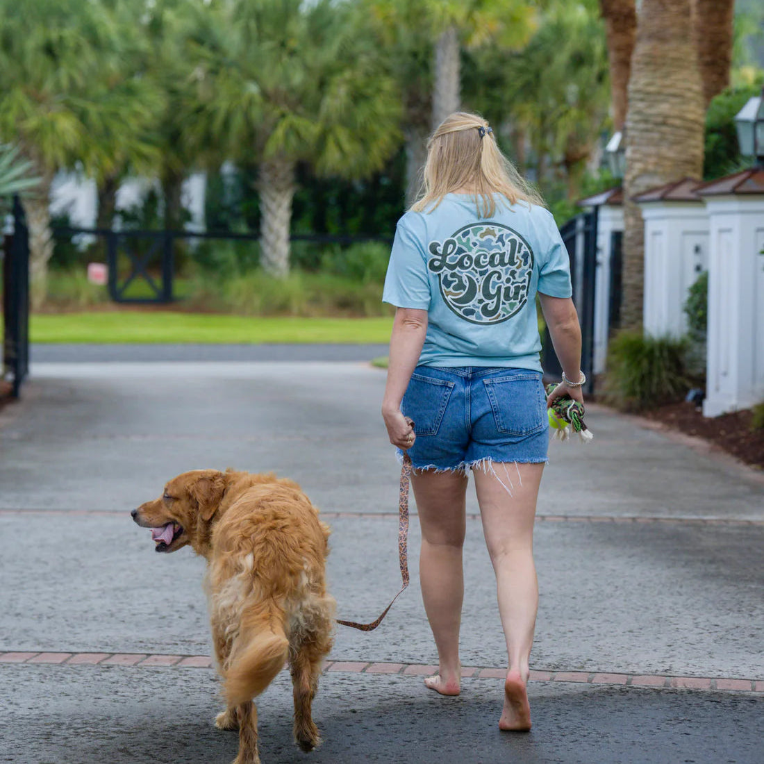 Woman walking a dog on a leash in a residential area with palm trees in the background