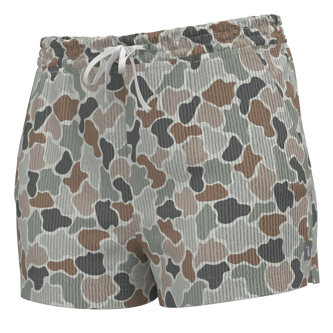 Camouflage-patterned shorts on a white background