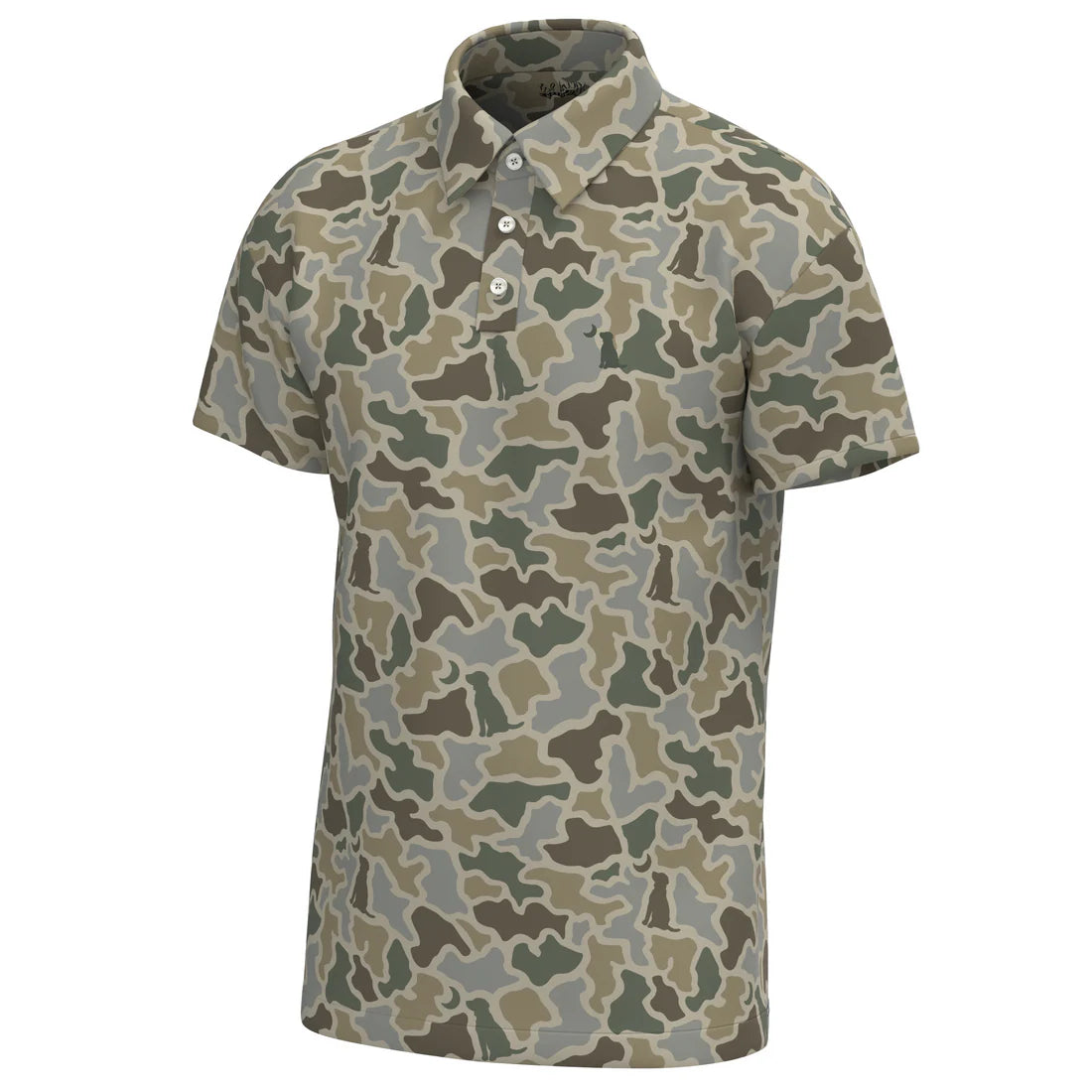 Camouflage-patterned polo shirt on a white background