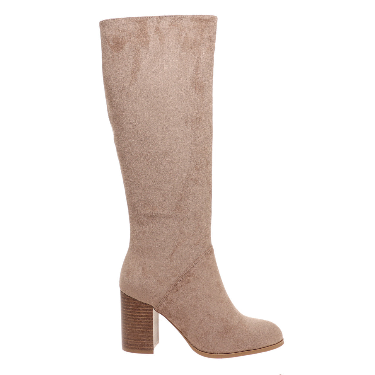 Beige knee-high boot with a block heel on a white background
