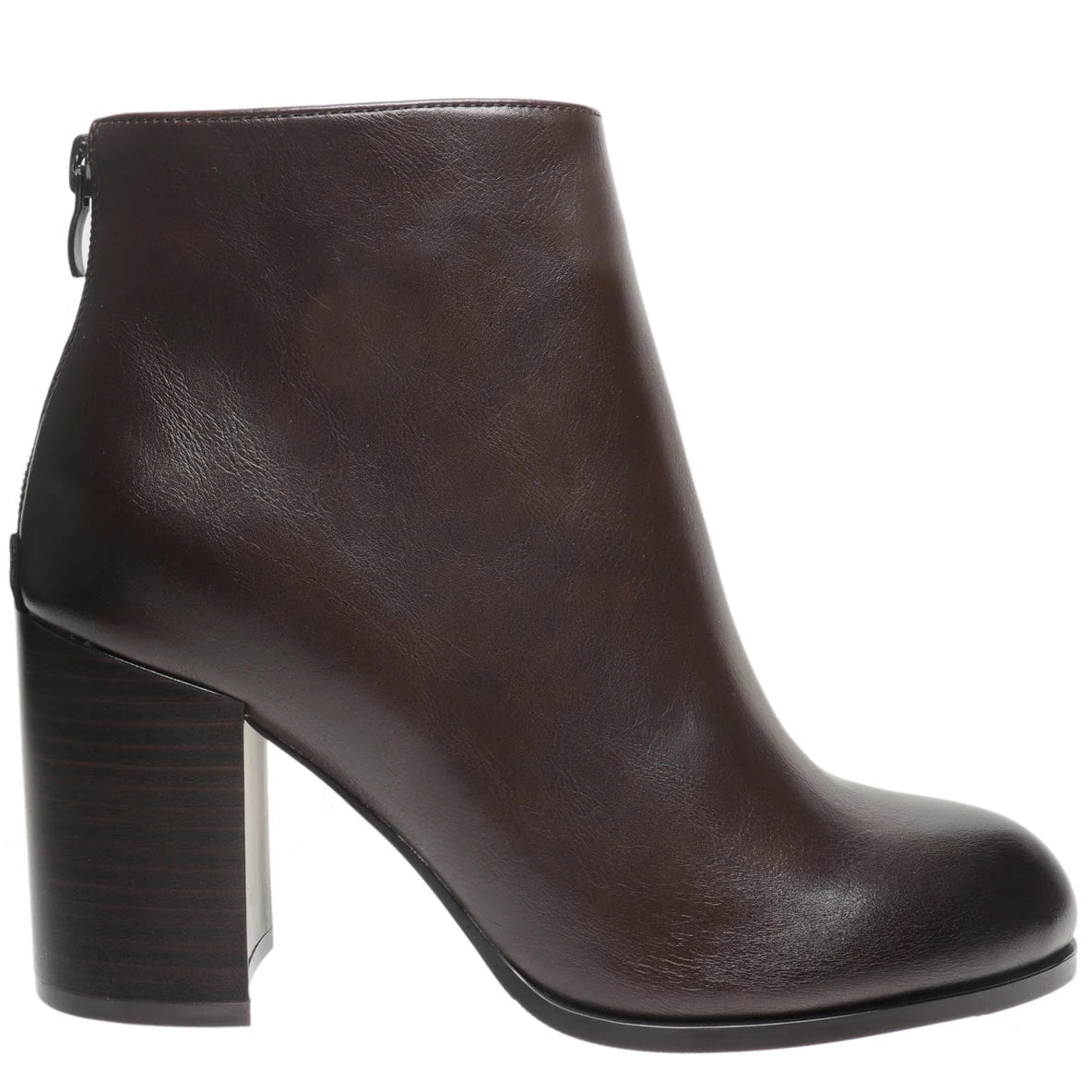 A dark brown leather ankle boot with a chunky block heel and a side zipper, shown from a side profile view on a white background.