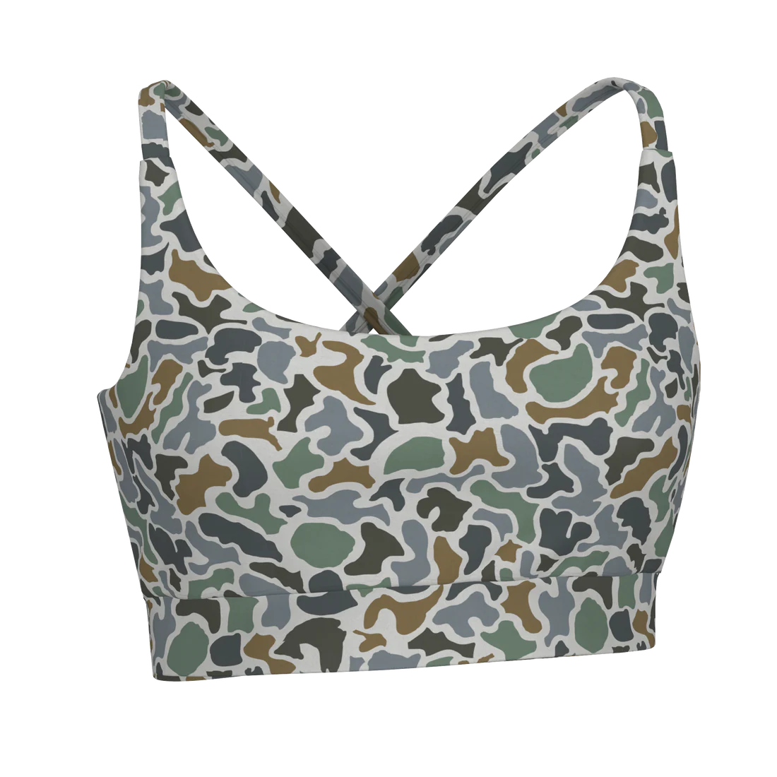 Camouflage-patterned sports bra on a white background