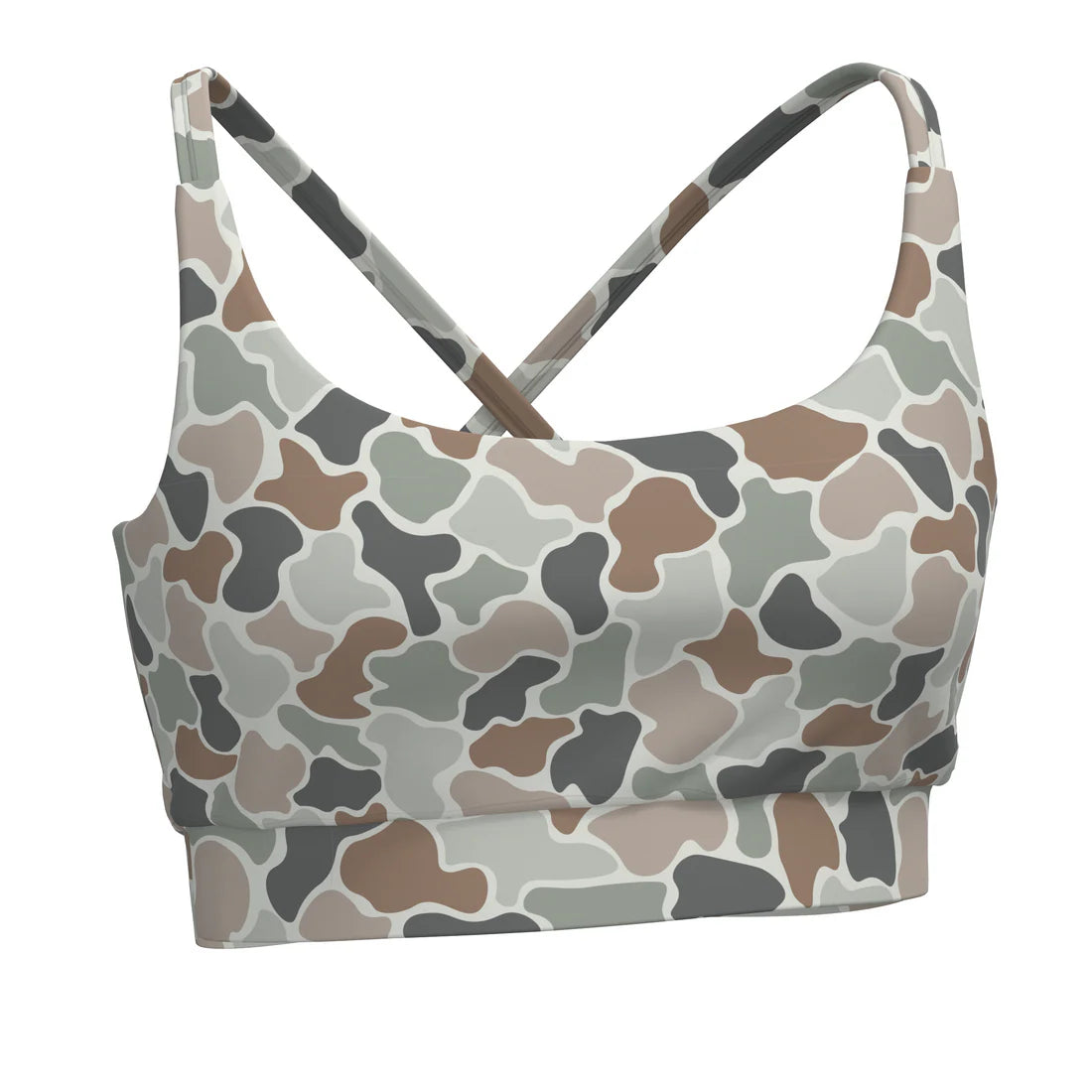 Camouflage-patterned sports bra on a white background