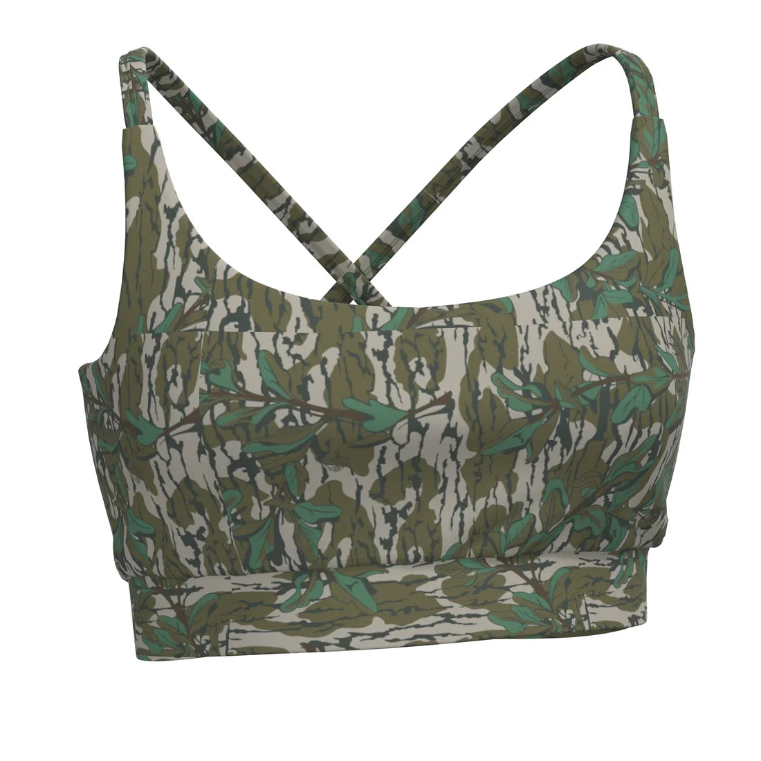 Camouflage-patterned sports bra on a white background