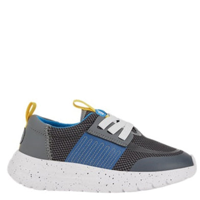 Children's sneaker with gray, blue, and yellow accents on a white background