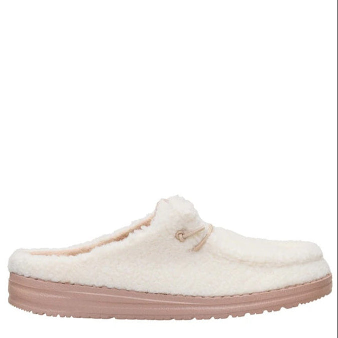 White slipper with pink sole on a white background