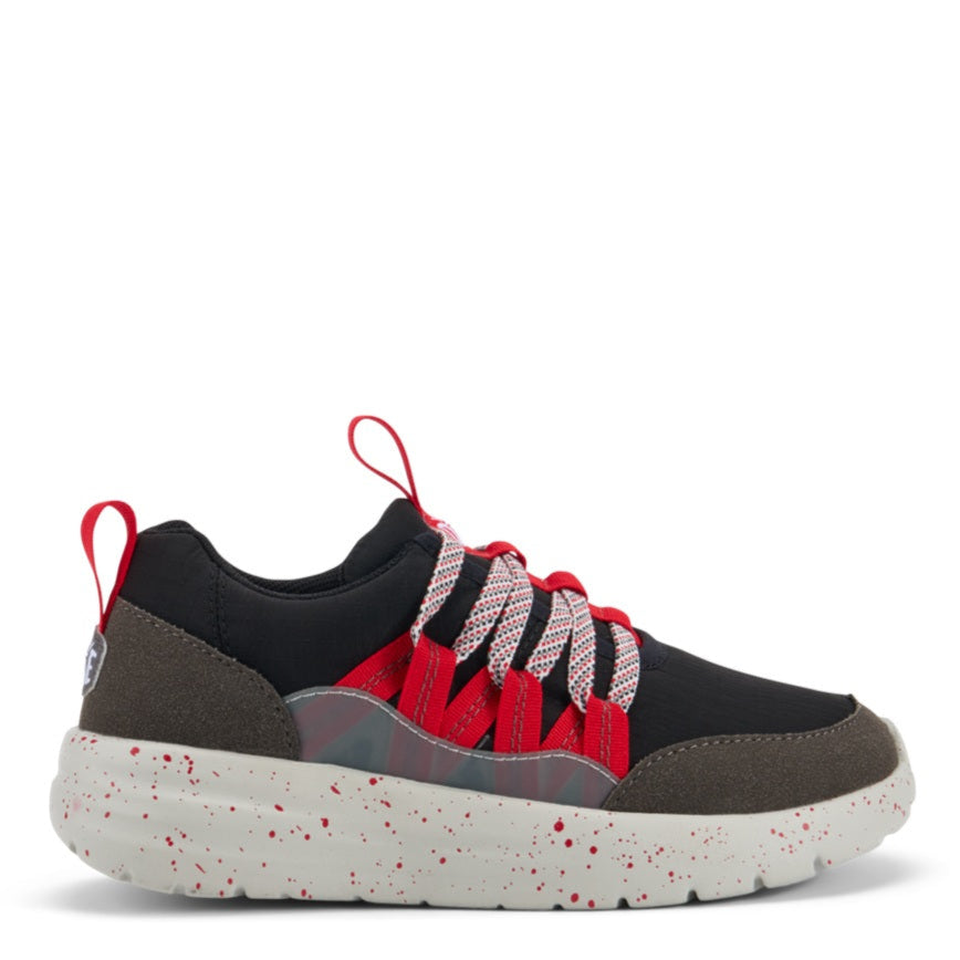 Black and red sneaker with white sole on a white background