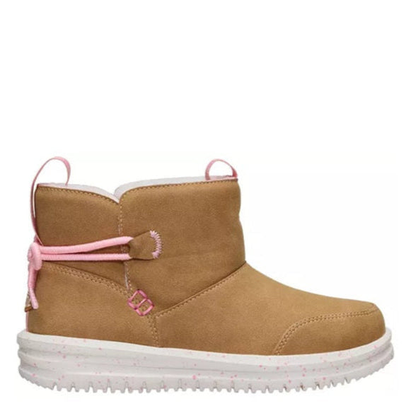 Tan boot with pink accents on a white background