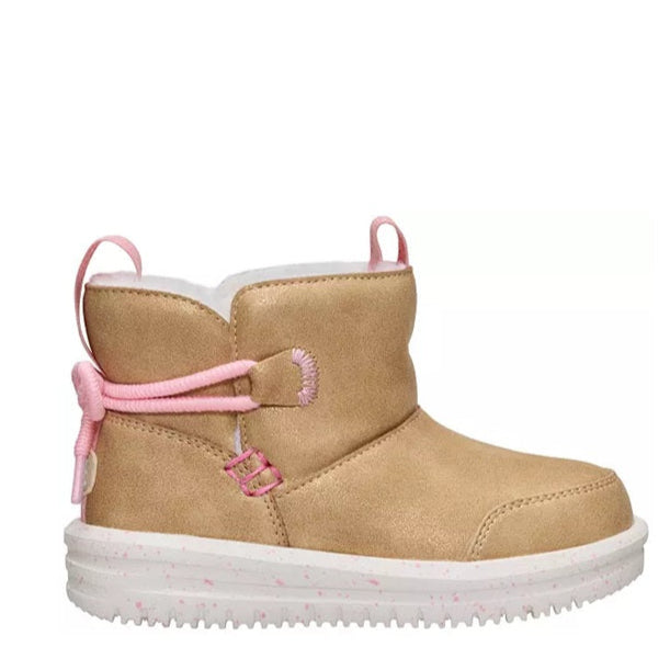 Tan boot with pink accents on a white background